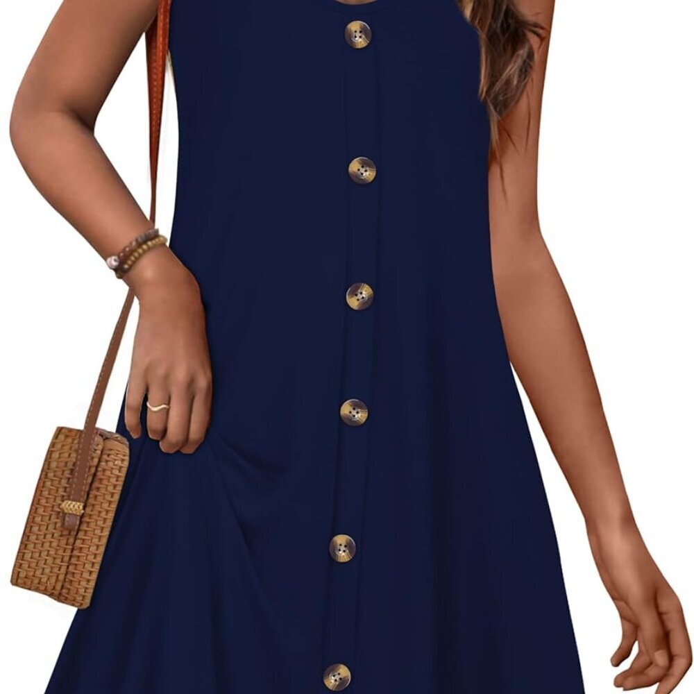 Women Summer Dress Cotton Blend Knee Length Casual Beach Cover Up Pockets